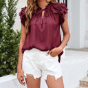 Small Wine Red Ruffled Sleeve Drawstring Top