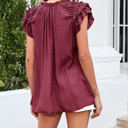 Small Wine Red Ruffled Sleeve Drawstring Top