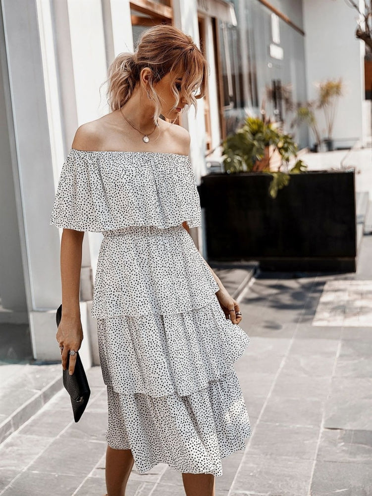 Off the Shoulder Dotted Tier Dress