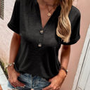 Large Black Buttoned V Neck Cuffed Sleeve Top