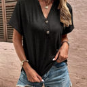 Small Black Buttoned V Neck Cuffed Sleeve Top