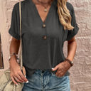 Large Dark Gray Buttoned V Neck Cuffed Sleeve Top