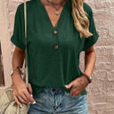 Large Green Buttoned V Neck Cuffed Sleeve Top