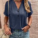 Small Navy Buttoned V Neck Cuffed Sleeve Top