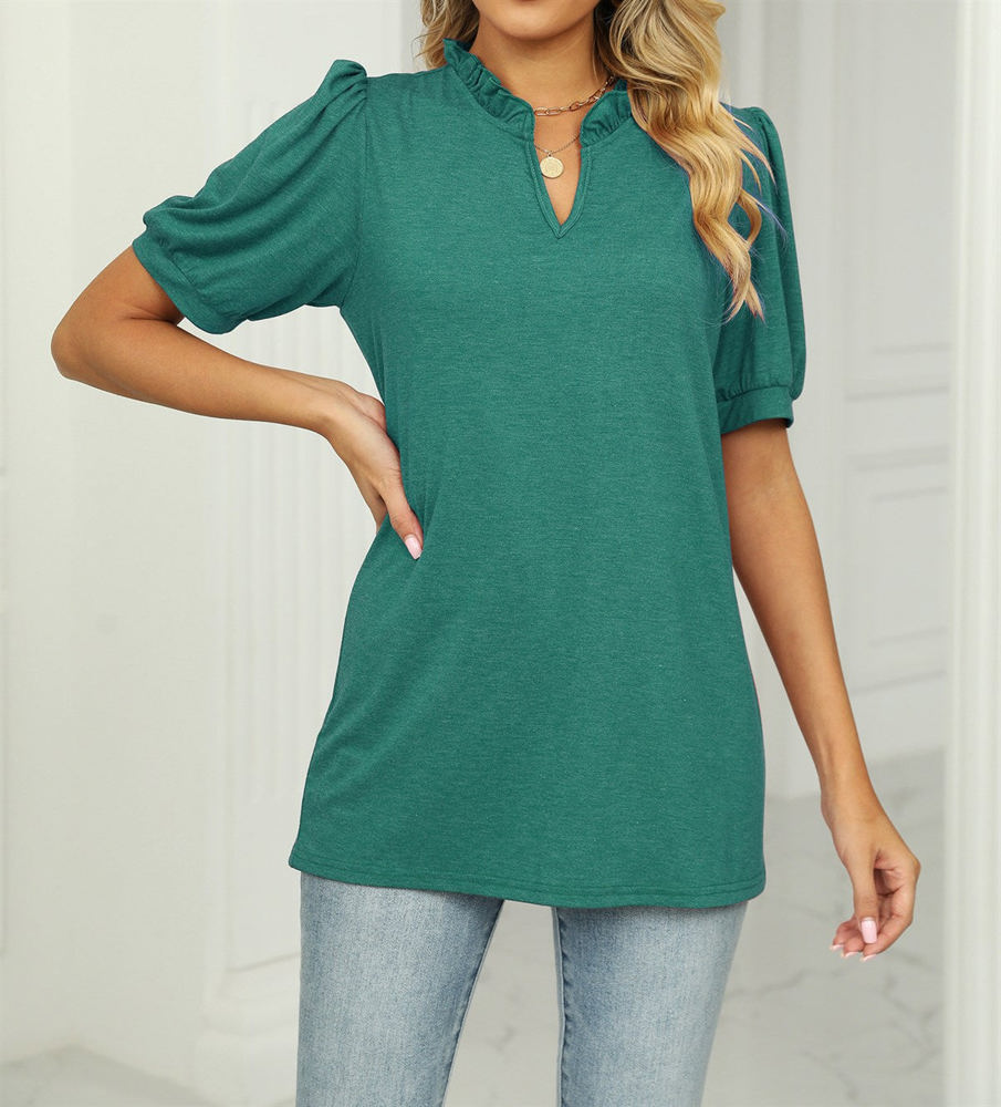 Ruffled Neck Doll Sleeve Tunic Top