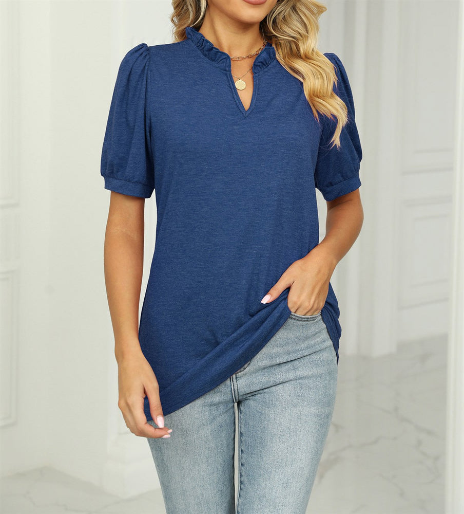 Ruffled Neck Doll Sleeve Tunic Top