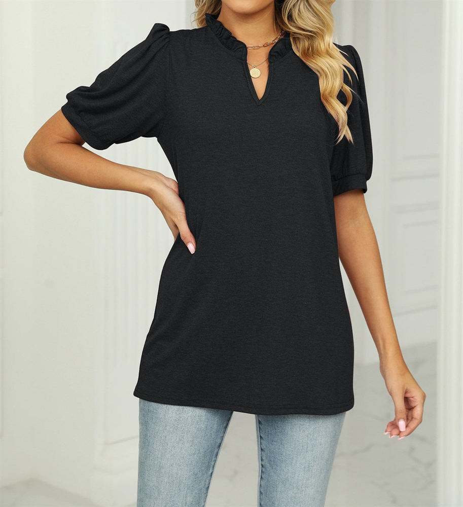 Ruffled Neck Doll Sleeve Tunic Top