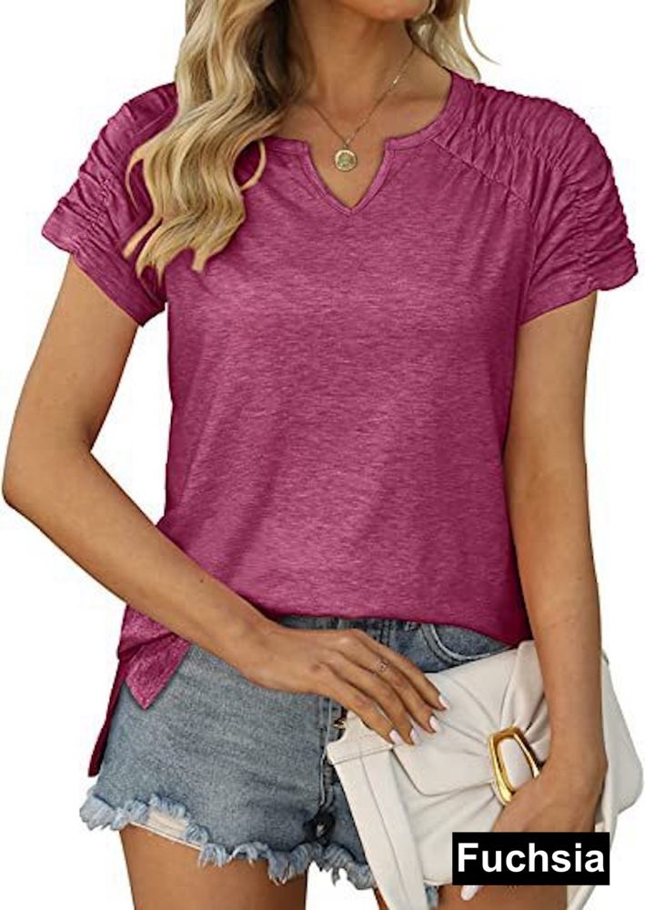 Gathered Shoulder Split V Neck Top