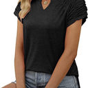 Large Black Gathered Shoulder Split V Neck Top