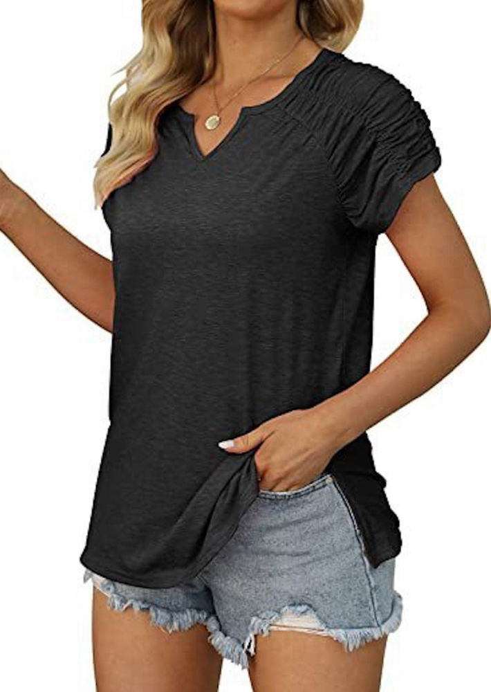 Gathered Shoulder Split V Neck Top