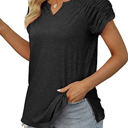 Small Black Gathered Shoulder Split V Neck Top