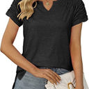 Small Black Gathered Shoulder Split V Neck Top