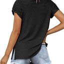 Small Black Gathered Shoulder Split V Neck Top