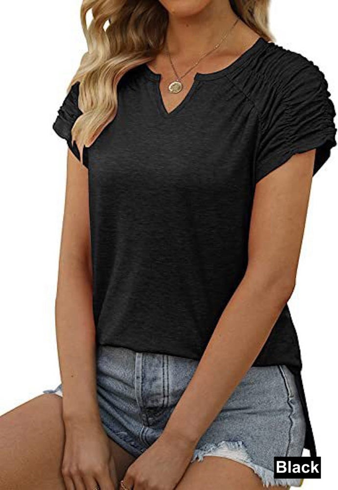 Gathered Shoulder Split V Neck Top