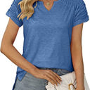 Large Blue Gathered Shoulder Split V Neck Top