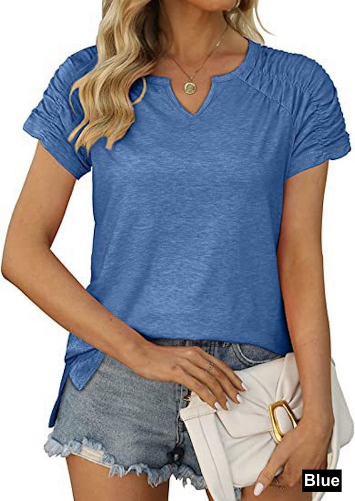 Gathered Shoulder Split V Neck Top