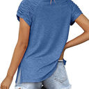 Small Blue Gathered Shoulder Split V Neck Top