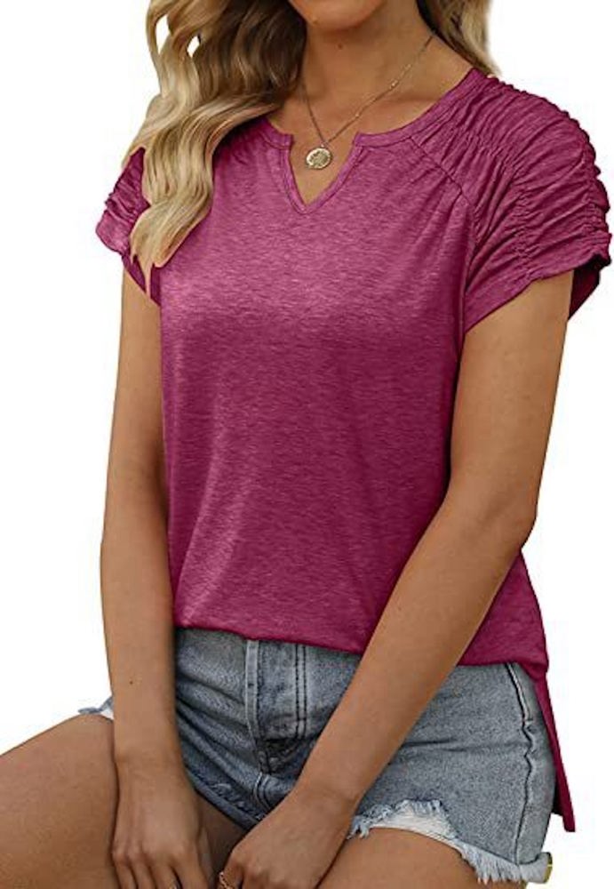 Gathered Shoulder Split V Neck Top