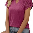 Small Fuchsia Gathered Shoulder Split V Neck Top