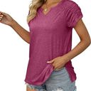 Small Fuchsia Gathered Shoulder Split V Neck Top