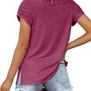 Small Fuchsia Gathered Shoulder Split V Neck Top