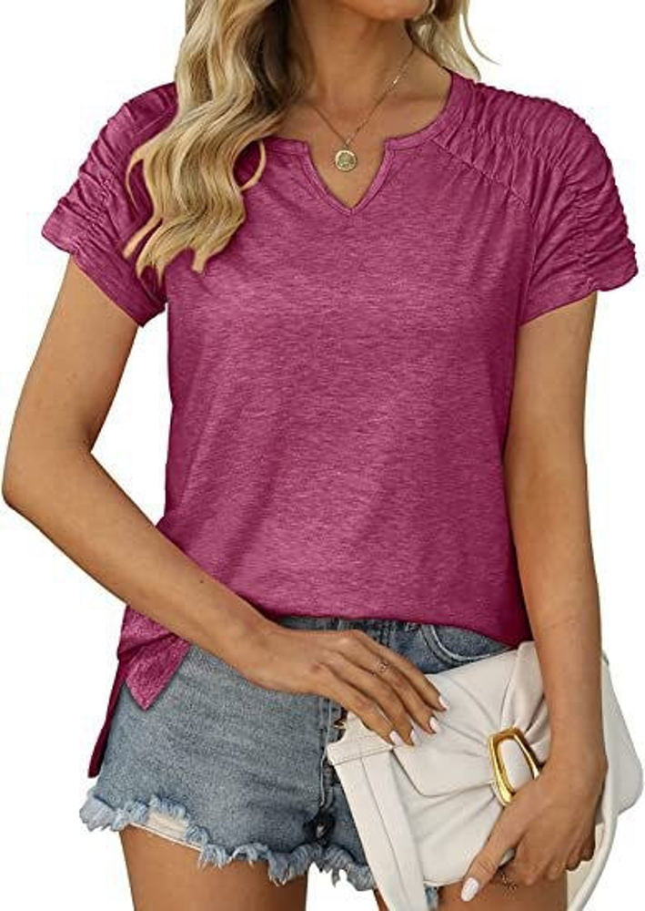 Gathered Shoulder Split V Neck Top