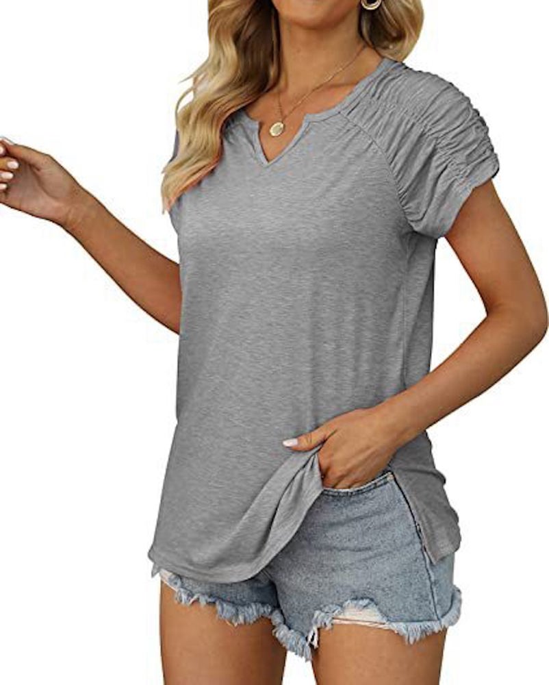 Gathered Shoulder Split V Neck Top