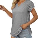 Small Gray Gathered Shoulder Split V Neck Top