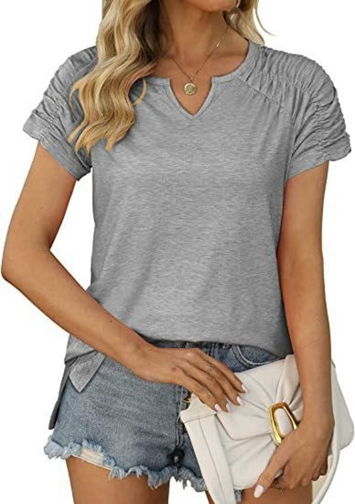 Gathered Shoulder Split V Neck Top