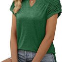 Large Green Gathered Shoulder Split V Neck Top