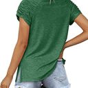 Small Green Gathered Shoulder Split V Neck Top