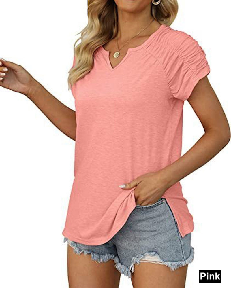 Gathered Shoulder Split V Neck Top