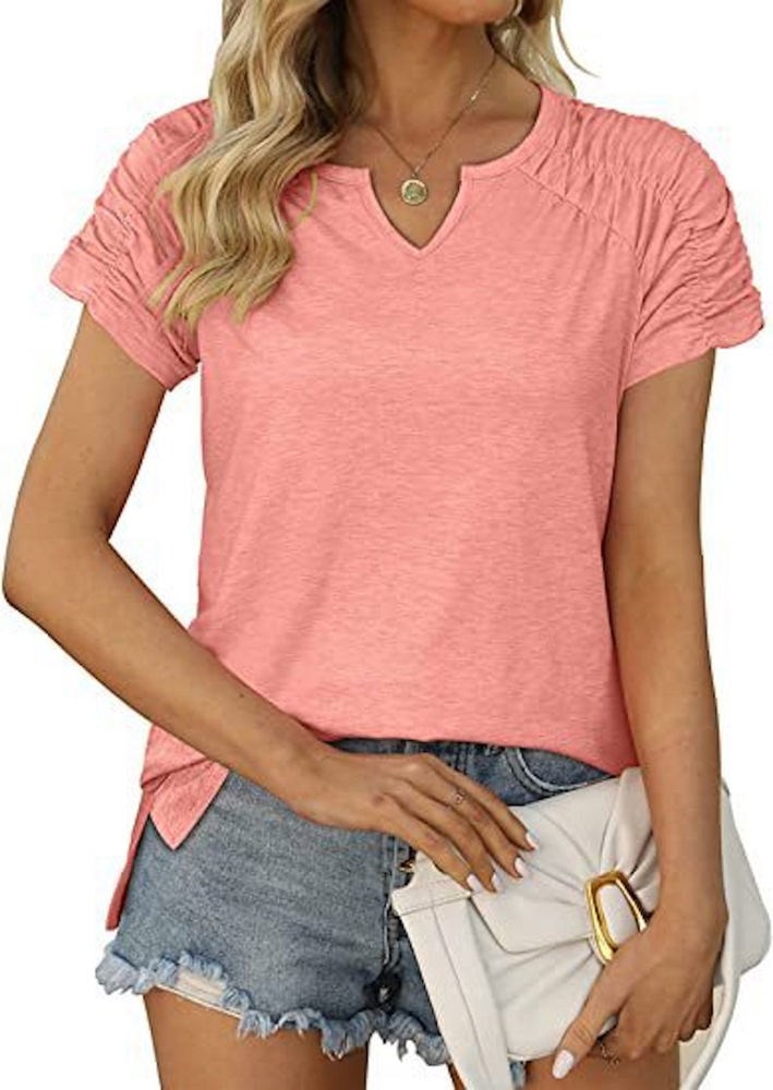 Gathered Shoulder Split V Neck Top