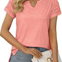 Small Pink Gathered Shoulder Split V Neck Top