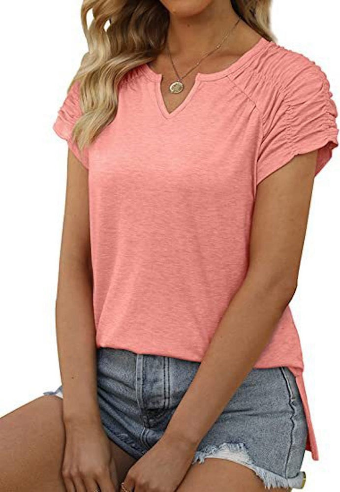 Gathered Shoulder Split V Neck Top