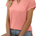 Small Pink Gathered Shoulder Split V Neck Top