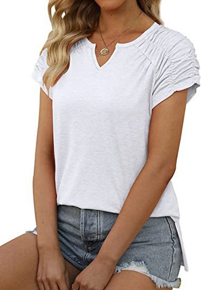 Gathered Shoulder Split V Neck Top