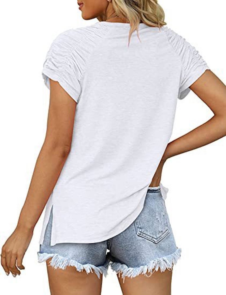 Gathered Shoulder Split V Neck Top