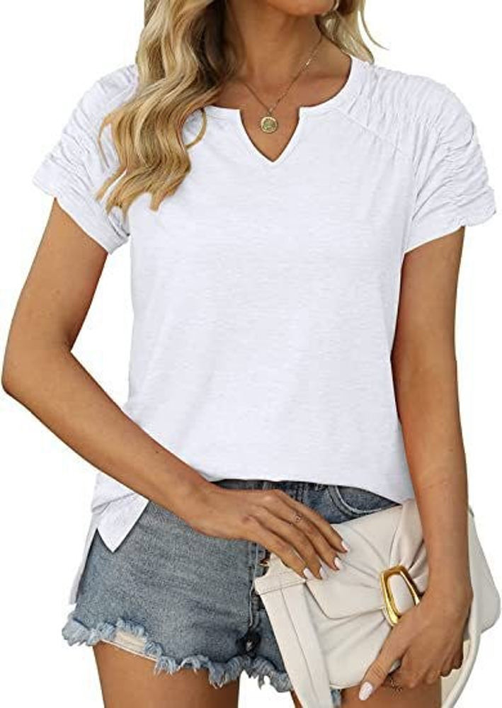 Gathered Shoulder Split V Neck Top