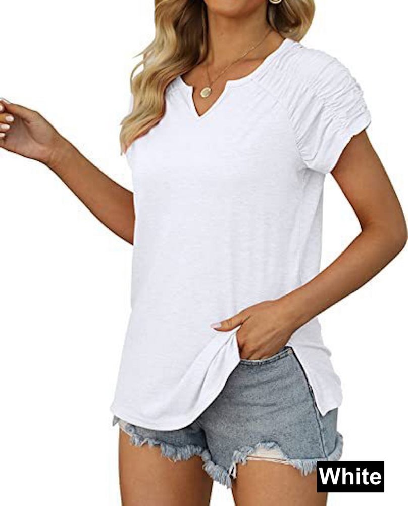 Gathered Shoulder Split V Neck Top