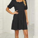 Large Black Square Neck Doll Sleeve Tier Dress