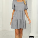 XL Gray Square Neck Doll Sleeve Tier Dress