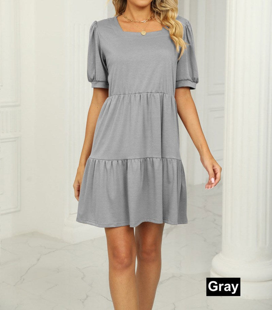 Square Neck Doll Sleeve Tier Dress