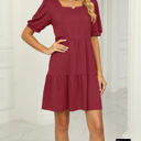 XXL Red Square Neck Doll Sleeve Tier Dress