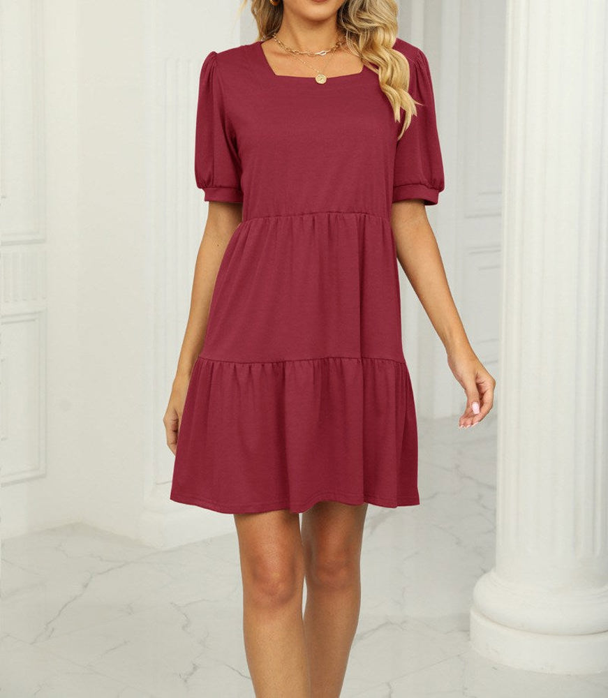 Square Neck Doll Sleeve Tier Dress