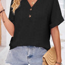  Buttoned V Neck Eyelet Cuffed Sleeve Top