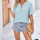  Buttoned V Neck Eyelet Cuffed Sleeve Top