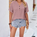  Buttoned V Neck Eyelet Cuffed Sleeve Top