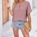  Buttoned V Neck Eyelet Cuffed Sleeve Top