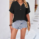 Small Black Buttoned V Neck Eyelet Cuffed Sleeve Top